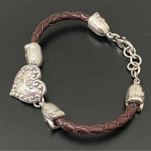 Retired BRIGHTON Cupid’s Bandit Silver Heart Brown Braided Leather Bracelet 26g - Picture 5 of 13